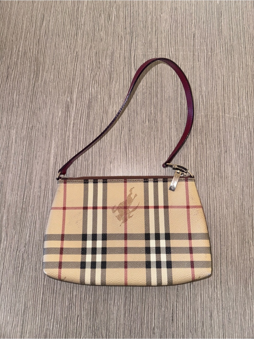 Burberry Beige Plaid Shoulder Pouch with Burgundy Strap